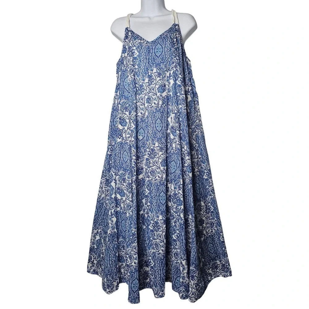 Garnet Hill Maxi Dress Womens PL Blue White Coastal Nautical Rope Strap Cotton - Picture 2 of 11